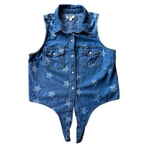 Wrangler Retro Denim Button Up Tank Top Tie Western Cowgirl Pearl Snap Small